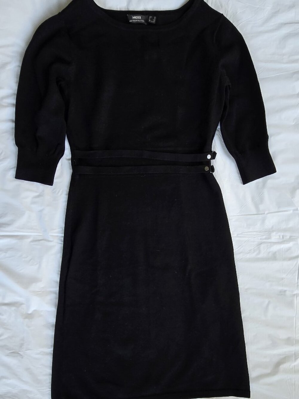 Mexx Metropolitan Black Knit Sheath Dress 3/4 Sleeve Boat Neck Button Waist M